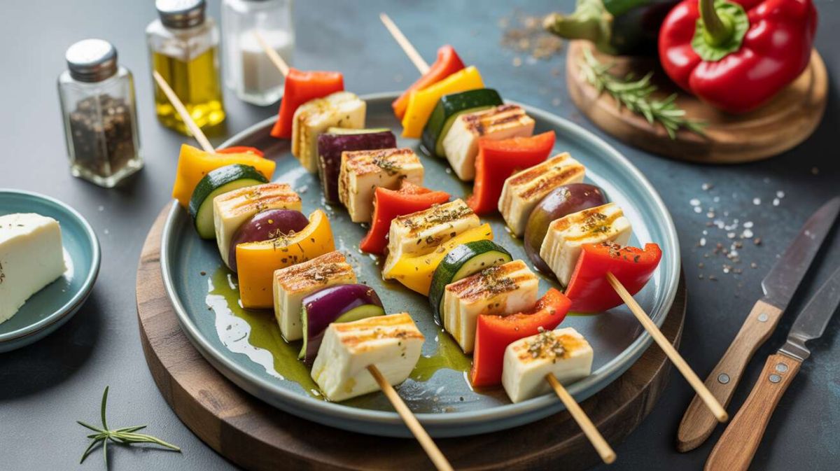 Des brochettes de halloumi et légumes du soleil, simples et savoureuses