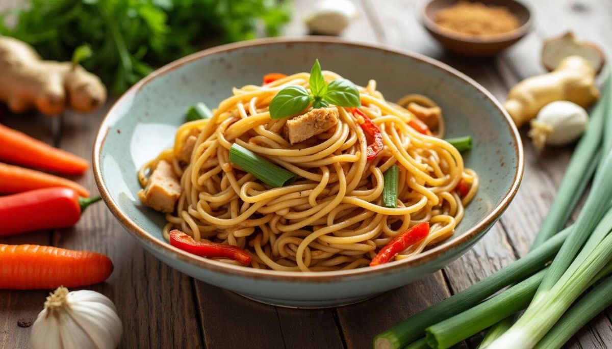 Un voyage gustatif : nouilles chinoises au poulet, gingembre et légumes